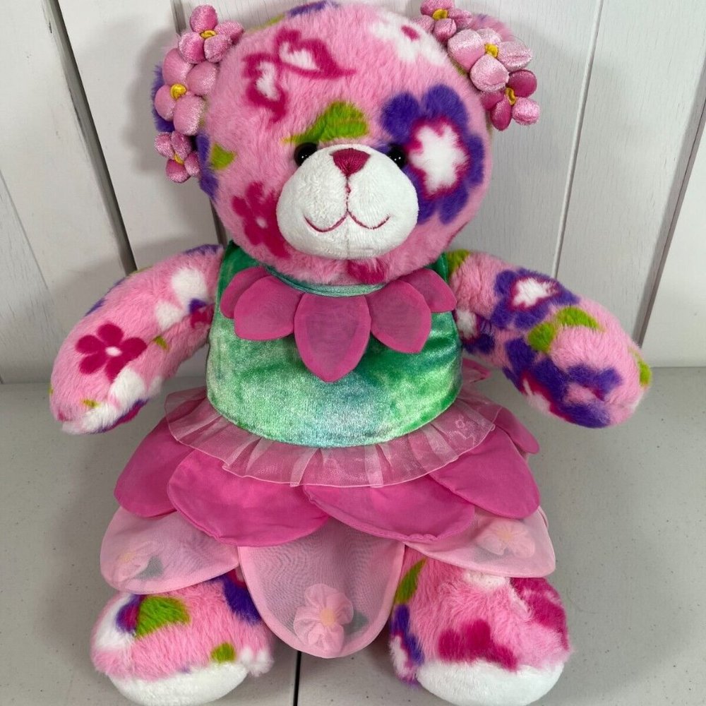 Build a Bear Enchanted Garden Flowers Pink Bear w/ Flowers Dress Bows